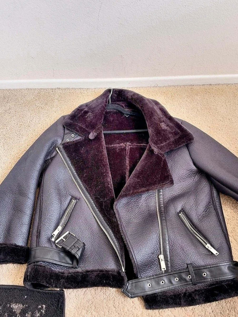 Faux Shearling Biker Jacket Black Leather Size Large